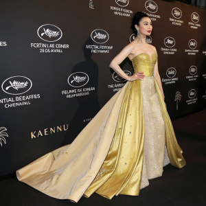 Fan Bingbing, at the Cannes Film Festival, in a stunning golden and beige gown. Structured bodice and flowing skirt. Black background with festival logos