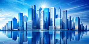 Modern skyscrapers of a smart city, futuristic financial district, graphic perspective of buildings and reflections - Architectural blue background for corporate and business brochure template 