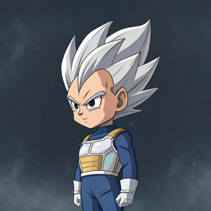 Digital illustration of Baby Vegeta. Gray hair, intense stare. Dark background. Dragon Ball series