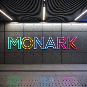 The Monark brand logo in neon colors against a sleek metallic backdrop. Modern, minimalist font style.