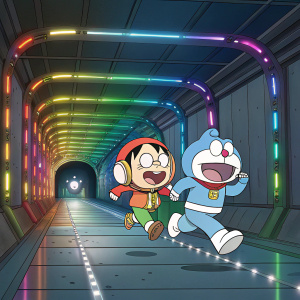 Shizuka and Sella from Doraemon. Running through a futuristic, metallic corridor. Rainbow colored lights flicker around them.