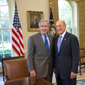 George W. Bush and Ehud Olmert in a diplomatic meeting at the White House. Formal attire, American flag visible
