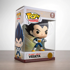Packaged Pop! Dragon Ball Z action figure of Planet Arlia Vegeta, displayed on a clear window box showcasing intricate details. Box features Pop! Dragon Ball Z logo and character name.