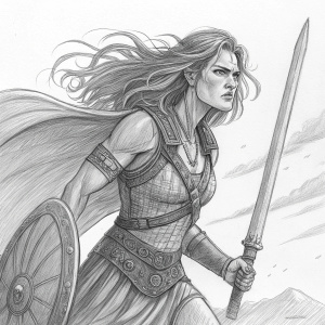 Sketch of a powerful female warrior, long hair, determined face, dynamic stance. Pencil drawing.