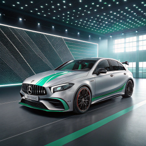 Mercedes-AMG A45 4MATIC PETRONAS World Champion Edition. Metallic silver with green side stripe. Digital showroom background with futuristic patterns