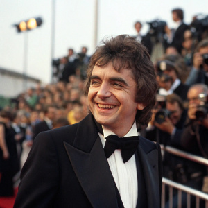 Dudley Moore in elegant tuxedo, grinning warmly at BAFTA Awards. Background crowded with spectators and photographers.