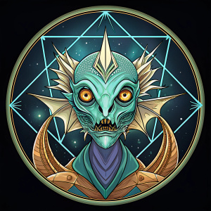 Scary Monster alien Pisces Zodiac in a circle with geometry