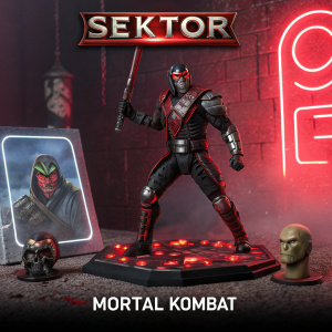 Sektor action figure from the Mortal Kombat series, standing in a fighting pose. Neon-lit backdrop, dark and red colors, packaging showcasing various parts. Mortal Kombat logo prominently displayed.
