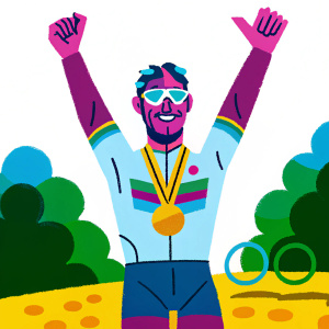 Mark Cavendish, in celebratory pose on a podium. Cycling jersey adorned with Turkish Airlines logos. Confident smile. Reflective and tinted lenses on sunglasses. Celebrating victory.