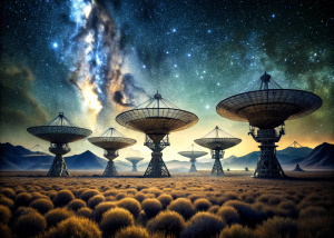 Large ground based satellite tower array in a field in California, total of 4 satellite towers, sky full of stars and satellites streaking across night sky, highly photorealistic