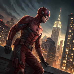 Digital illustration of Matt Murdock, aka Daredevil. Dramatic skyline of New York City at night, detailed depiction of Daredevil's red suit, showcasing his agility and strength.