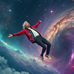 Richard Branson, depicted in a vibrant digital art piece. Floating amidst a swirling galaxy, surrounded by nebulous clouds and starry cosmos