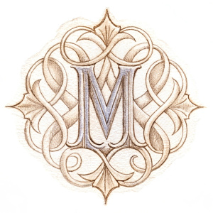 Make a monogram from the first letters of your last name and first name. Use decorative elements to create a composition. My name is Vyka Merkulov