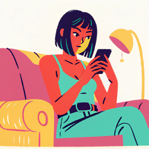Young Asian woman with bob haircut, late twenties, using smartphone in dimly lit room. She wears casual tank top and belt. Sitting on vintage leather sofa.