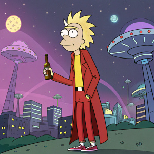 Cartoony version of Rick Sanchez from Rick and Morty. Bright yellow hair, dressed in red coat and pants, holding beer bottle. Background: intergalactic cityscape