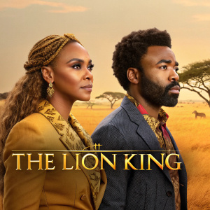 Promotional poster for 'The Lion King'. Beyoncé and Donald Glover standing in front of African savanna backdrop.