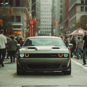 2019 Dodge Challenger GT AWD parked in a vibrant, bustling city street. Surrounded by diverse crowd and eclectic urban backdrop.