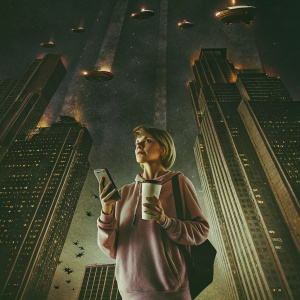 Rosamund Pike, Caucasian actress with short hair, in a casual pink hoodie, holding a smartphone and a cup. Futuristic cityscape backdrop.