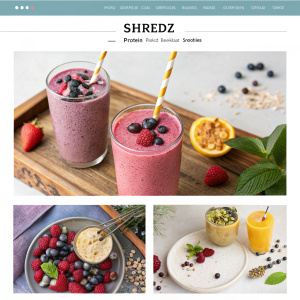 Website snapshot showcasing Shredz's protein-packed breakfast smoothies. High-resolution images and detailed descriptions