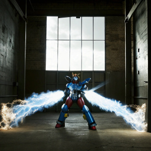 Digital art of Super Tengen Toppa Gurren Lagann. Dynamic pose, vibrant blue hues, fiery elements, dark backdrop
