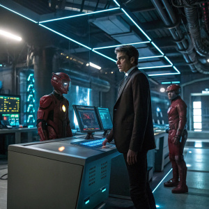 Barry Allen and Team Flash inside S.T.A.R. Labs. Futuristic lab filled with glowing computer screens. Tense atmosphere, artificial lighting