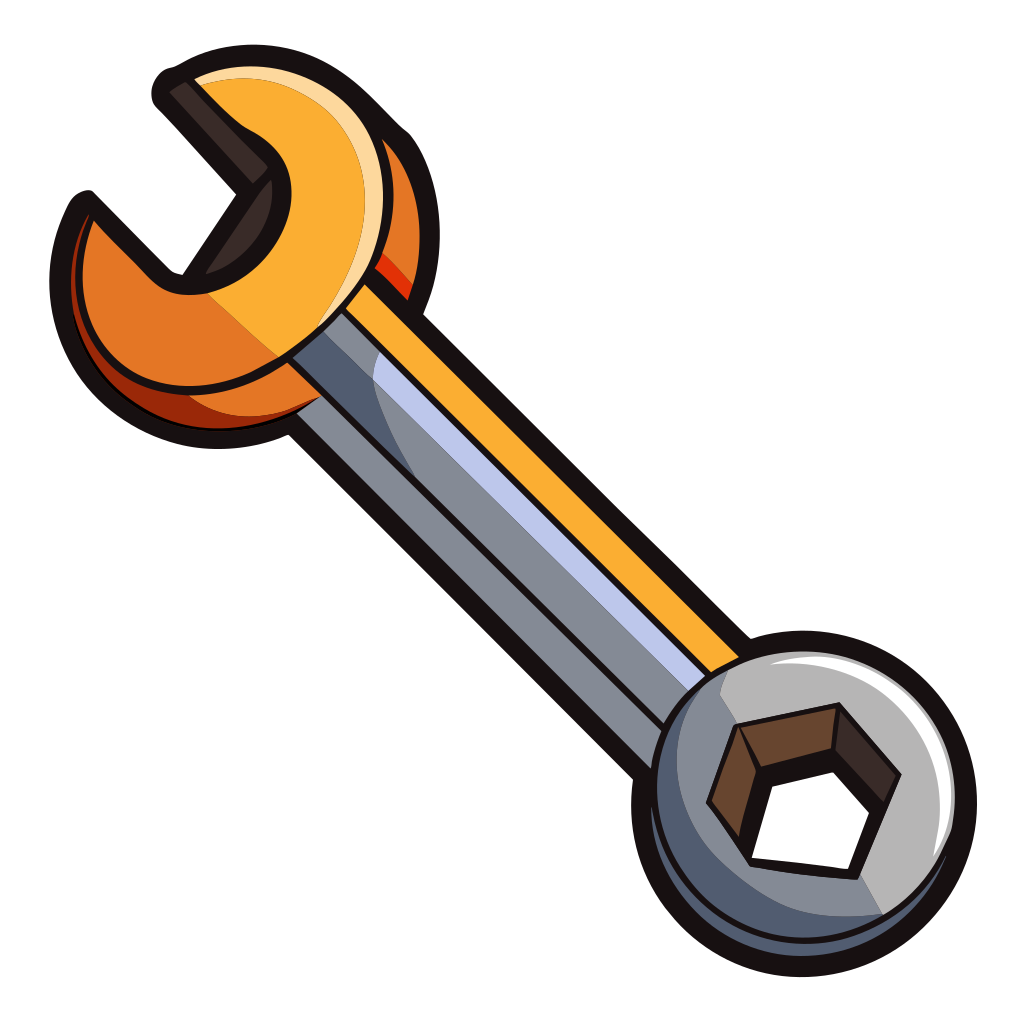 Wrench isolated on a Completely white background, clean edges, cartoon style with low detail, 2D, flat color, strong black contour lines
