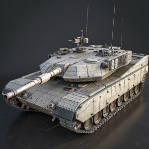 Detailed 3D model of Merkava MK.4 military tank. Futuristic design. Complex structure with multiple turrets and compartments. Grayscale color scheme.