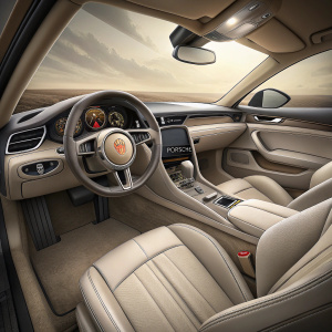 Inside a Porsche 911 Carrera S, elegant beige leather seats. Porsche logo shines on steering wheel. Modern digital dashboard. Sleek lines embody luxury.