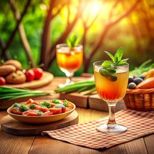 Realistic photo of beautiful very close cocktails and food for aperitif for a magazine, background picnic tablecloth with plants, size 4:16, best quality
 