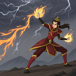 Princess Azula from Avatar: The Last Airbender, striking a fierce pose. Dark stormy sky background, powerful flames erupting from her hands.