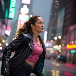 Jaina Lee Ortiz in an action scene from a TV show. Modern cityscape, with colorful neon lights and reflections in the background. She wears a black leather jacket and a pink fitted top, with a hint of plaid pattern peeking out. Shallow depth of field blurs the bustling urban setting.