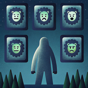 Image of a Bigfoot emoji among various lion face emojis displaying a range of emotions.