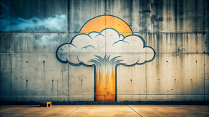 Minimalist Wall, perfect lines, Atomic mushroom cloud graffiti in the style of street art aesthetic, cute cartoonish designs