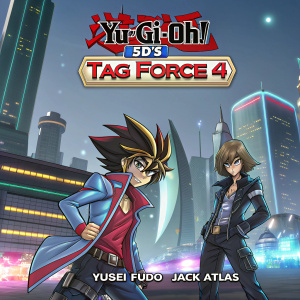 Game box art for Yu-Gi-Oh! 5D's Tag Force 4 featuring main characters. Futuristic cityscape background