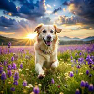 perro viejo corriendo felizmente sobre una pradera con flores violetas y azules, un sol alegre y nubes azules



