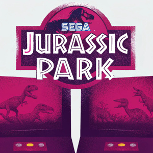 Colorful promotional image for the Sega Jurassic Park arcade game. Featuring the iconic Jurassic Park logo, arcade interface, and multiple dinosaur illustrations. Designed to catch the eye and promote the game.
