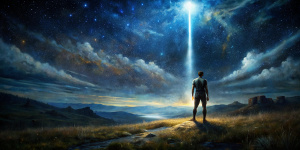 night sky, bliss, detailed painting, deviantart, heroic masculine pose, grass texture, Beamcore, Shadow