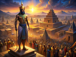 ancient Egypt reconstruction, the city of Alexandria, the Egyptian Pharaoh in full height in a crowd of people and priests, alive, reconstruction of the past, during his lifetime, hyperrealistic, behind him in the background Egyptian buildings colored, colorful