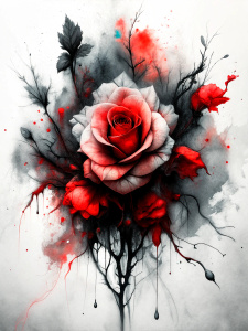 Chinese ink art mixed with red rose paintings, splashes of colored ink, colored stains, black and red tones on the empty space. white background