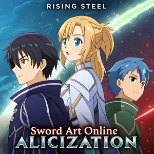 Illustration showcasing Kirito, Eugeo, and others from Sword Art Online Alicization, featuring a cosmic backdrop with vibrant hues of blue, white, green, and red. The characters are positioned closely together, exuding a sense of unity and readiness. The title 'Sword Art Online Alicization: Rising Steel' is prominently displayed at the bottom.