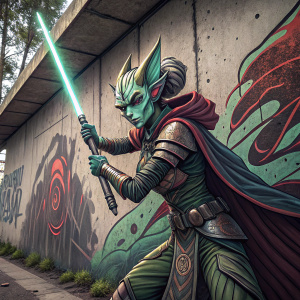 A detailed graffiti mural depicting a fierce female alien character from Star Wars. Wielding a lightsaber, determined expression, on a textured concrete wall.
