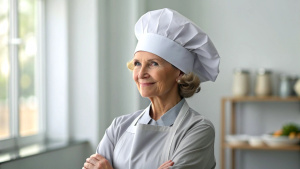 Caucasian middle aged women chef in a chef's hat with arms crossed wears apron standing in restaurant kitchen and smiling