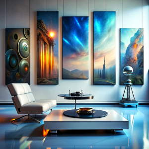 A Neo Futurist home environment, ''futuristic furniture'' and a record player controlled by artificial intelligence, three paintings where I can add visuals to the walls