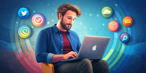 A male copywriter writes text for telegrams and Instagram on his laptop. Use the logos of social networks telegram and instagram. A vivid illustration.