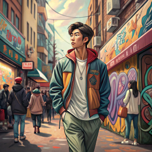 No Min Woo, South Korean actor, in casual attire. Walking on a vibrant street filled with colorful graffiti and bustling crowd.