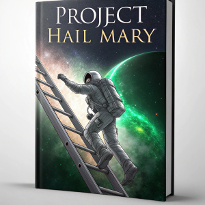 Book cover for Project Hail Mary. Illustration of astronaut climbing a metallic ladder against a green nebula. Futuristic and artistic design with muted color palette. Title prominently displayed. Focus on narrative blending science fiction and discovery.