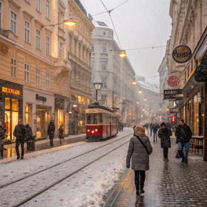 A bustling street in Vienna, Austria. Snow blankets the cobblestone road. People in winter coats and scarves walk past cozy shops and cafes. A tram glides along the track.