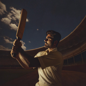 Cricket player Virat Kohli, wearing white jersey with India emblem, in a batting pose on a cricket ground. Blue sky with white clouds backdrop