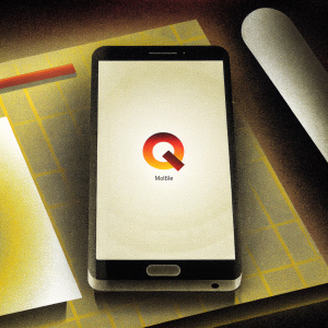 Digital mockup showcasing Q Mobile branding on a sleek smartphone. Minimalist design with vibrant Q logo