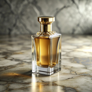 simple oud perfume mockup with its own packaging on marble table 